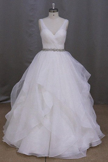 Organza V-Neck Sleeveless Dress With Ruffles and Beaded Waist