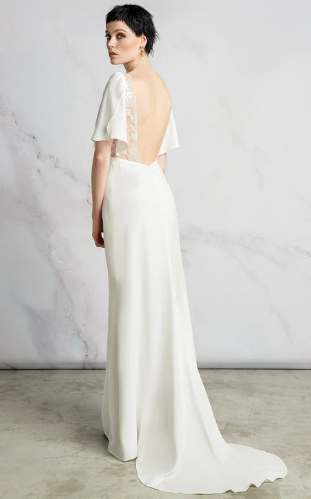 Pouzdrové šifónové svatební šaty s krátkým rukávem, aplikací a výstřihem do V na zádech