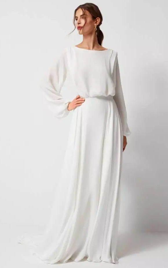 Simple Chiffon Sheer Long Sleeve Sheath Front Split Wedding Dress with Sweep Train and Knot Back