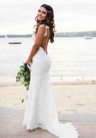 Bohemian Beach Sexy Spaghetti Straps Backless Lace Wedding Dress