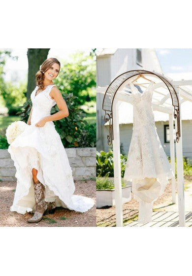 Country/Rustic Cowgirl Rustic Ruffle V-Neck Sleeveless A-line Layers Sweep Train Bridal Gown