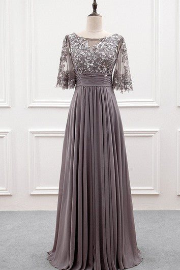 Ethereal Floor-length Half Sleeve Chiffon A Line Zipper Prom Dress with Sequins