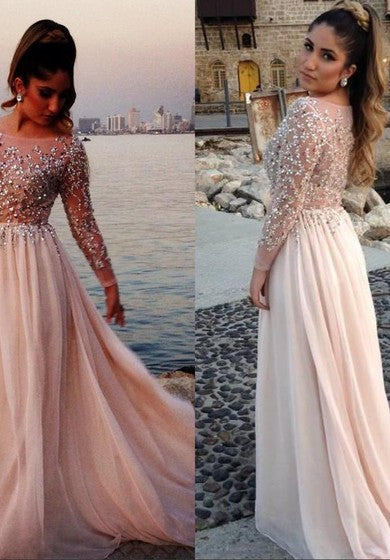 Glamorous Long Sleeve Beadings Prom Dresses 2022 Long Chiffon