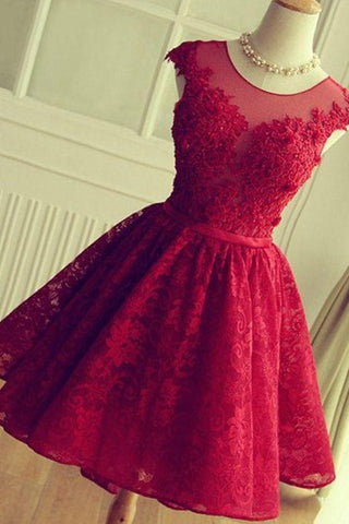 Elegant A-Line Jewel Cap Sleeve Short Back Lace Applique Knee Length Dress