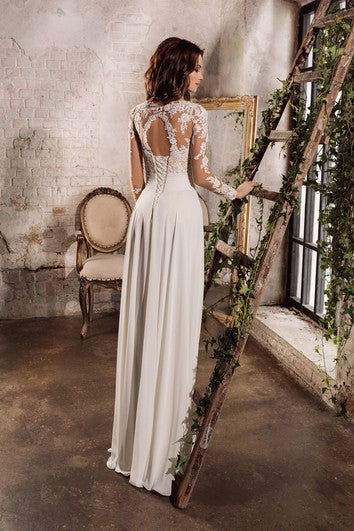 Ethereal Chiffon and Lace V-neck Floor Length Wedding Dress with Keyhole Back