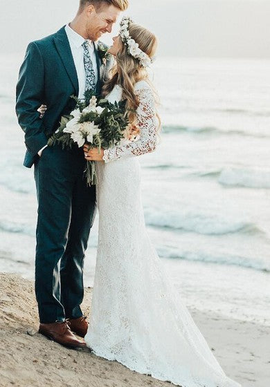 Modest Country Lace Court Train Velo de manga larga Boho/Hippie Wedding Vestido