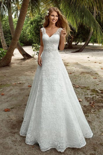 Langes, ärmelloses A-Linien-Spitzenkleid mit V-Ausschnitt, Korsett-Rücken und Perlenbesatz