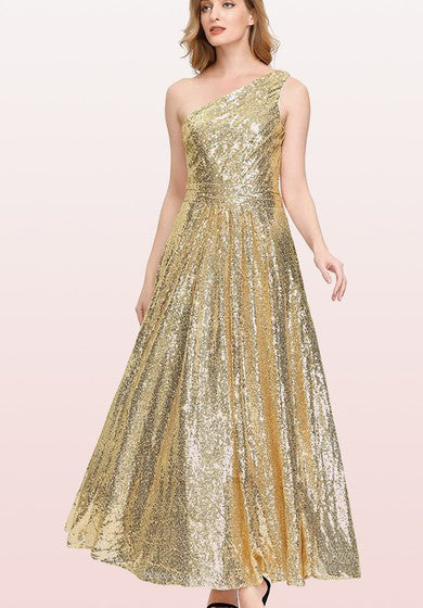 Robe de demoiselle d'honneur vintage asymétrique sans manches, ligne A, longueur cheville, paillettes, avec fronces