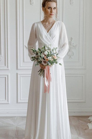 Elegant A Line Chiffon V-neck Wedding Dress with Sash and Split Front