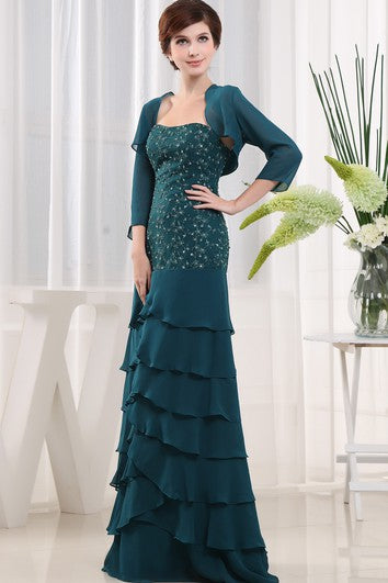 Strapless Long Chiffon Dress With Beading and Applique