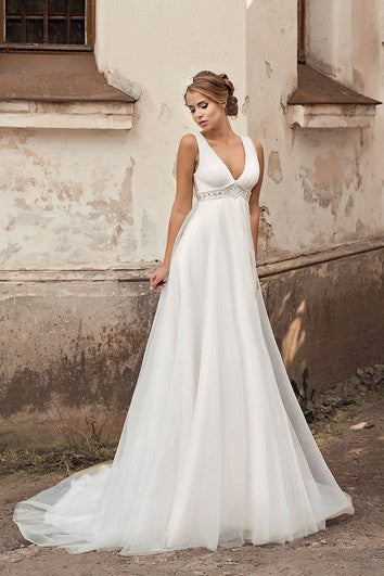 V-neck Empire A-line Chiffon Wedding Dress With Beading And Pleatings