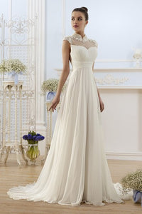 A-Line Maxi High-Neck Cap-Sleeve Backless Chiffon Dress With Appliques And Pleats