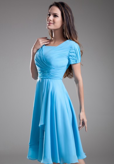 Square-Neck Knee-Length Short Sleeve Dress With Pleating