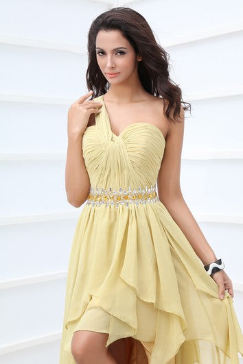 High-Low Chiffon One-Shoulder Dress With Ruching