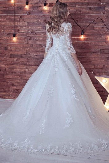 Ball Gown Long Sleeve Tulle Lace Wedding Dress