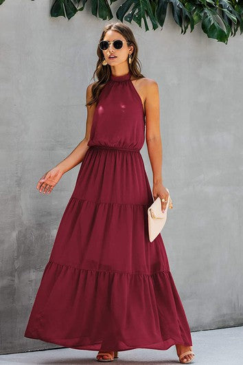 Jednoduché šifónové šaty s halter výstřihem, áčkovým střihem, bez rukávů, na ples, formální, s volánky