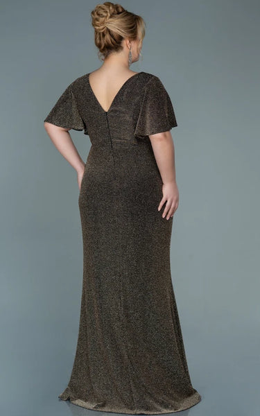 Poet-sleeve V-neck Sequin Ruched Slit Front Plus Size Evning Dress