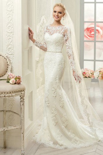 Sheath Maxi Bateau Long-Sleeve Deep-V-Back Lace Dress With Appliques And Waist Jewellery