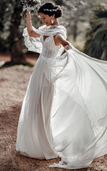 Simple Destination Front Split Chiffon Wedding Dress with Lace Cape