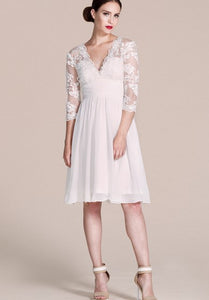 3-4 Sleeved V-neck Knee-length Dress With Lace