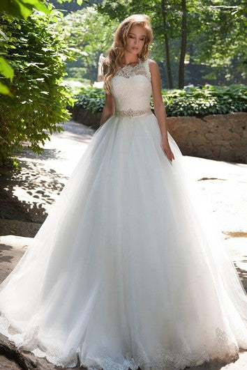 Ball Gown Long Bateau Sleeveless Low-V-Back Tulle Dress With Lace And Waist Jewellery