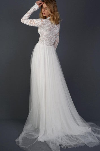 Abito da sposa in pizzo in tulle in chiffon a maniche lunghe