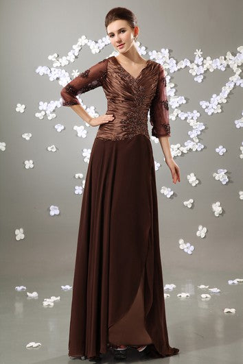 V-Neck 3-4 Sleeve Chiffon Floor-Length Dress With Ruched Top