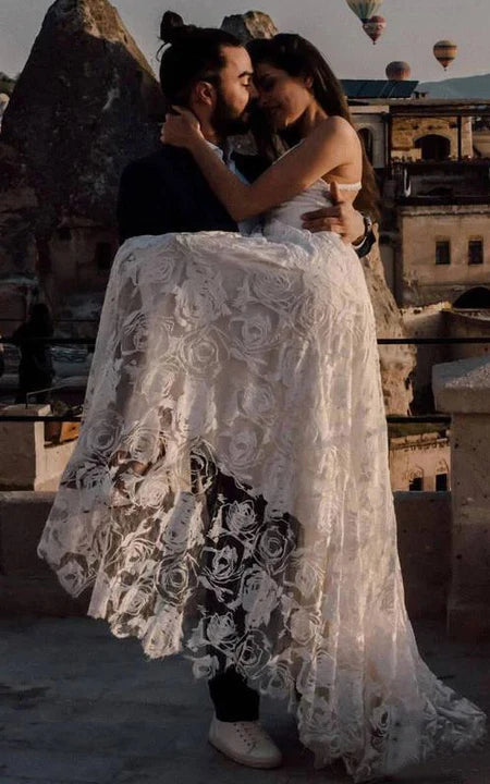 SPAGHETTI sexy sexy frontalta senza maniche in pizzo in pizzo abito da sposa in pizzo