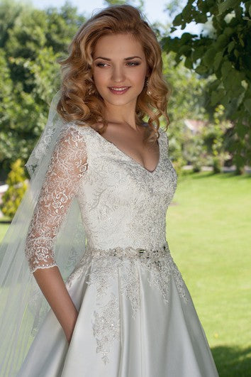 A-Line V-Neck Appliqued 3-4 Sleeve Satin Wedding Dress