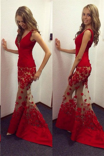 Sexy Red V-Neck Mermaid Prom Dresses Sheer Skirt Long Lace