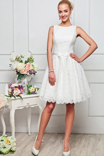 A-line Knee-length High Neck Sleeveless Lace Zipper Dress