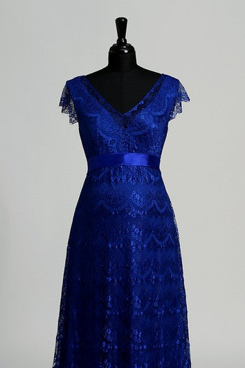 A-line V-neck Cap Short Sleeve Floor-length Lace Maternity Dress with Sweep/Brush Train