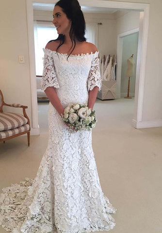 Vintage Bohemian Off The Shoulder Half Long Sleeves Lace Bridal Gown