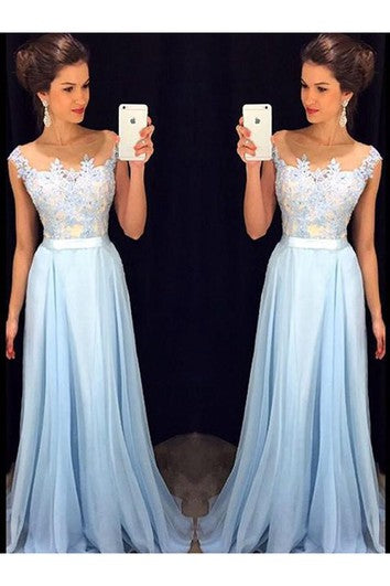 A-line Sleeveless Sheer Neck Applique Chiffon Sweep Train Dresses