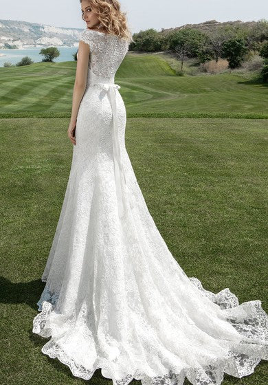 Bateau Neck Cap Sleeve Sheath Wedding Dress With Beaded Waist