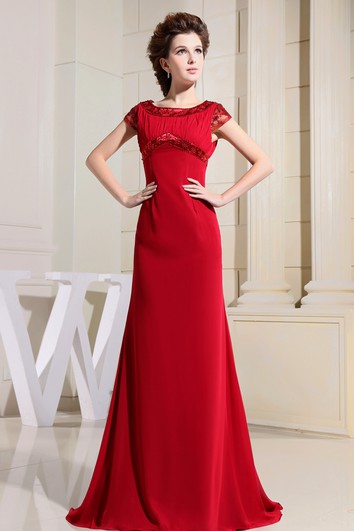 Chiffon Short-Sleeve Floor-Length Dress With Beading and Ruching