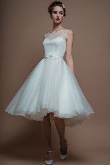 A-Line Tea-Length Sleeveless Bateau-Neck Organza Wedding Dress With Illusion