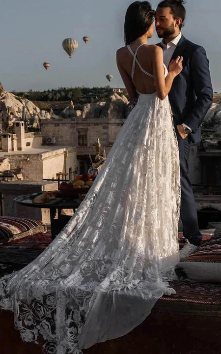 SPAGHETTI sexy sexy frontalta senza maniche in pizzo in pizzo abito da sposa in pizzo