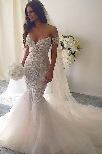 Trumpet Court Train Out-the Shoulder Lace Wedding Dresses