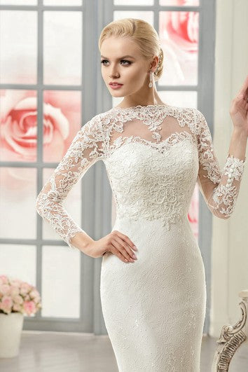 Sheath Long Jewel Long-Sleeve Illusion Lace Dress With Appliques