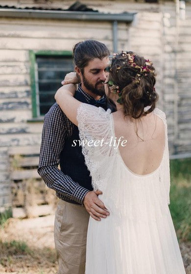 Bohemian Plus Size Spitzen-Brautkleid mit kurzen Ärmeln und offenem Rücken