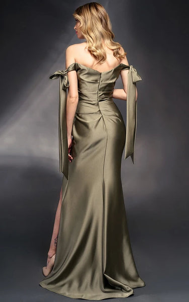 Off-the-shoulder Side-Draped Sheath Dress with Slit Front and Bow