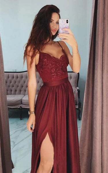 Sexy Spaghetti Front Split Party Empire Applique Prom Dress