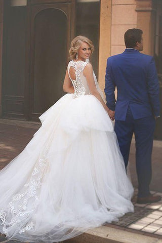 A-Line Ball Gown Empire Mini Jewel Bell Empire Dropped Appliques Cathedral Train Tulle Dress