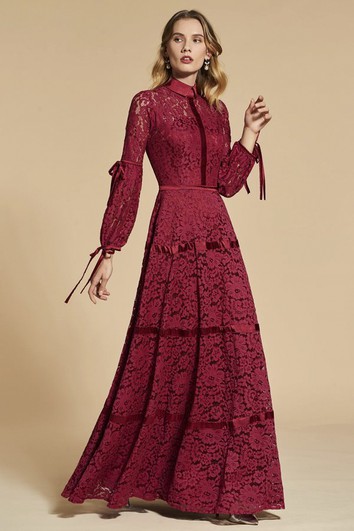 3/4 غلاف عالي الرقبة فستان غمد الدانتيل مع القوس القوس