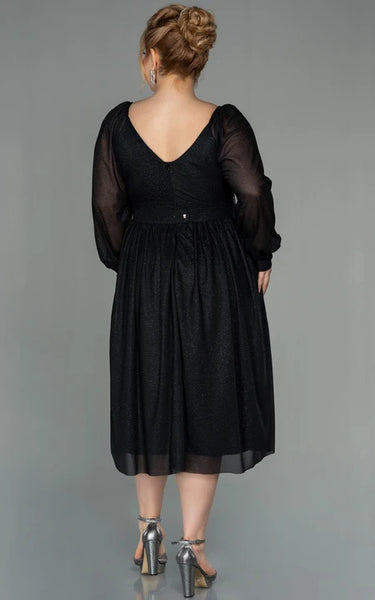 Casual Long Sleeve V-neck Criss-cross Empire Tea-length Plus Size Mother of Bride Dress