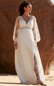 Boho V-neck Illusion Long Sleeve Tulle Wedding Dress with Front Split and Low-v Back