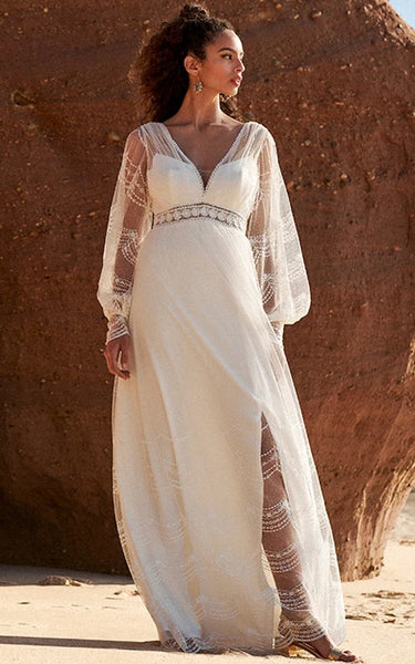 Boho V-neck Illusion Long Sleeve Tulle Wedding Dress with Front Split and Low-v Back