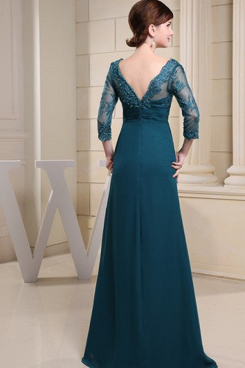 V-Neck Maxi Empire Illusion Sleeve and Dress With Appliques