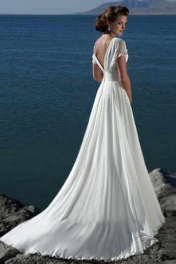 A-line V-neck Short Sleeves Beading Sweep Train Chiffon Beach Wedding Dress